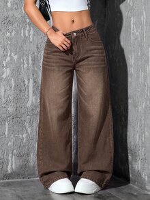 SHEIN PETITE 女款休閒水洗直筒牛仔褲 - 棕色 - 查看 7