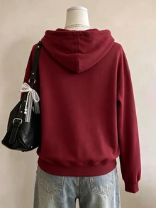 Lalippa 女款字母印花落肩長袖休閒抽繩連帽衛衣 - 酒紅色 - 查看 2