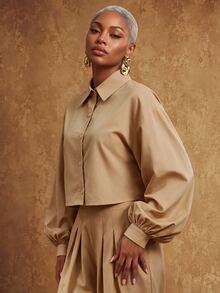 SHEIN Lunessa Cropped Shirt + Pleated Waist Trousers - Khaki - View 4