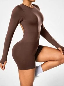 Slayform Women's Brown Backless Long Sleeve Seamless Sports Jumpsuit - Brown - View 3