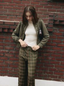 Nöista High Waist Plaid Wide Leg Pants With Patch Pockets. Fall Winter, Casual, Everyday, Back To School. - Army Green - View 4