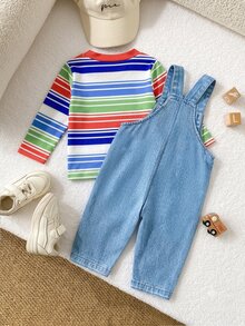 SHEIN Playful Pals 2件組男嬰春秋款紅白條紋淺藍拼色長袖T恤與汽車印花吊帶褲套裝，親子穿搭海灘可愛風 - 淺藍色 - 查看 2