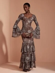 JIAN LASALA Gaun Panjang Berlapis-lapis Elegan dengan Lengan Panjang Berkerut dan Leher Persegi, Model Sweetheart Bustier, dan Detail Korset Bentuk Hati - MultiWarna - View 7