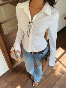CovetEZ Women's Solid Color Pleated Casual Versatile Daily Long Sleeve Shirt - White - View 5