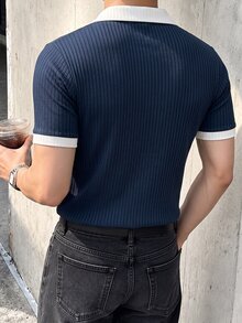 JOLTRO 男士撞色短袖休閒通勤 Polo 衫 - 藏蓝色 - 查看 2