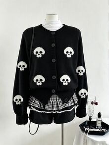Sweetra Black & White Contrast Hollow Head Halloween Dark Style Street Fashion Modern Retro Knit Crew Neck Cardigan For Women - Black - View 1