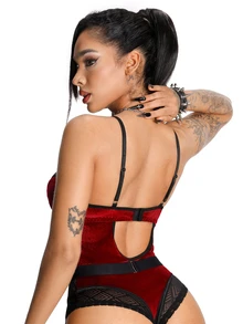 AltBold 1pc Velvet & Lace Patchwork Bodysuit - Multicolor - View 2