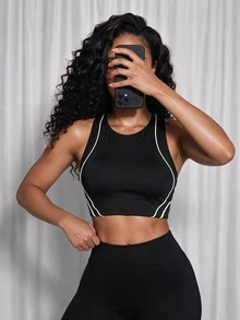 SHEIN Core Rhythm Women's Colorblock Trim Sports Bra - Black - View 4