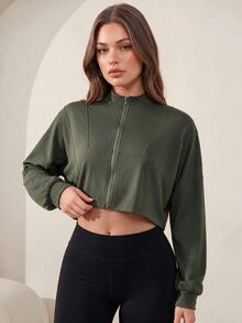 Easithlete Easithlete Solid Color Front Zip Cropped Sports Jacket - Olive Green - View 5