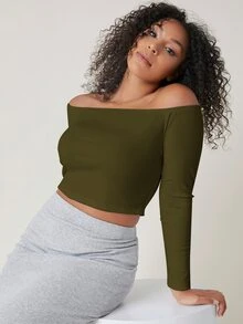 SHEIN BASICS 大尺碼純色露肩短版T恤女款夏季上衣 夏日穿搭 - 軍綠色 - 查看 1