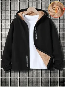 SHEIN 兒童青少年男孩休閒學院風抓絨內裡連帽字母圖案夾克，梭織加厚款，適合學校、花園、海灘、生日，春夏秋冬四季穿著，黑色、棕色 - 黑色 - 查看 4