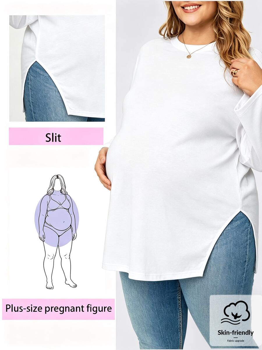 Plussiva 大尺碼孕婦休閒百搭純色側開衩上衣 - 白色 - 查看 1