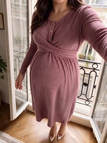 SHEIN Plus Size Long Sleeve Maternity Dress In Dusty Pink, Fuzzy Ribbed Knit, Comfortable Casual Style With Front Buttons, Nursing Friendly, Autumn/Winter - Dusty Pink - View 7