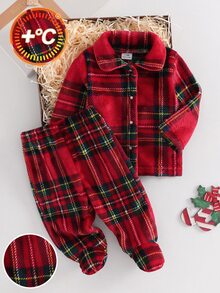 新生兒法蘭絨秋冬長褲連腳翻領聖誕睡衣 舒適居家服睡衣夜衣 - 紅色 - 查看 6