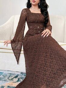 Feyla Women's Square Neck Faux Pearl & Rhinestone Embellished Elegant Party Long Dress - Coffee - View 1