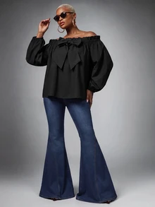 SHEIN Lunessa Off-Shoulder Front Bowknot Strap Fashion Top - Black - View 1
