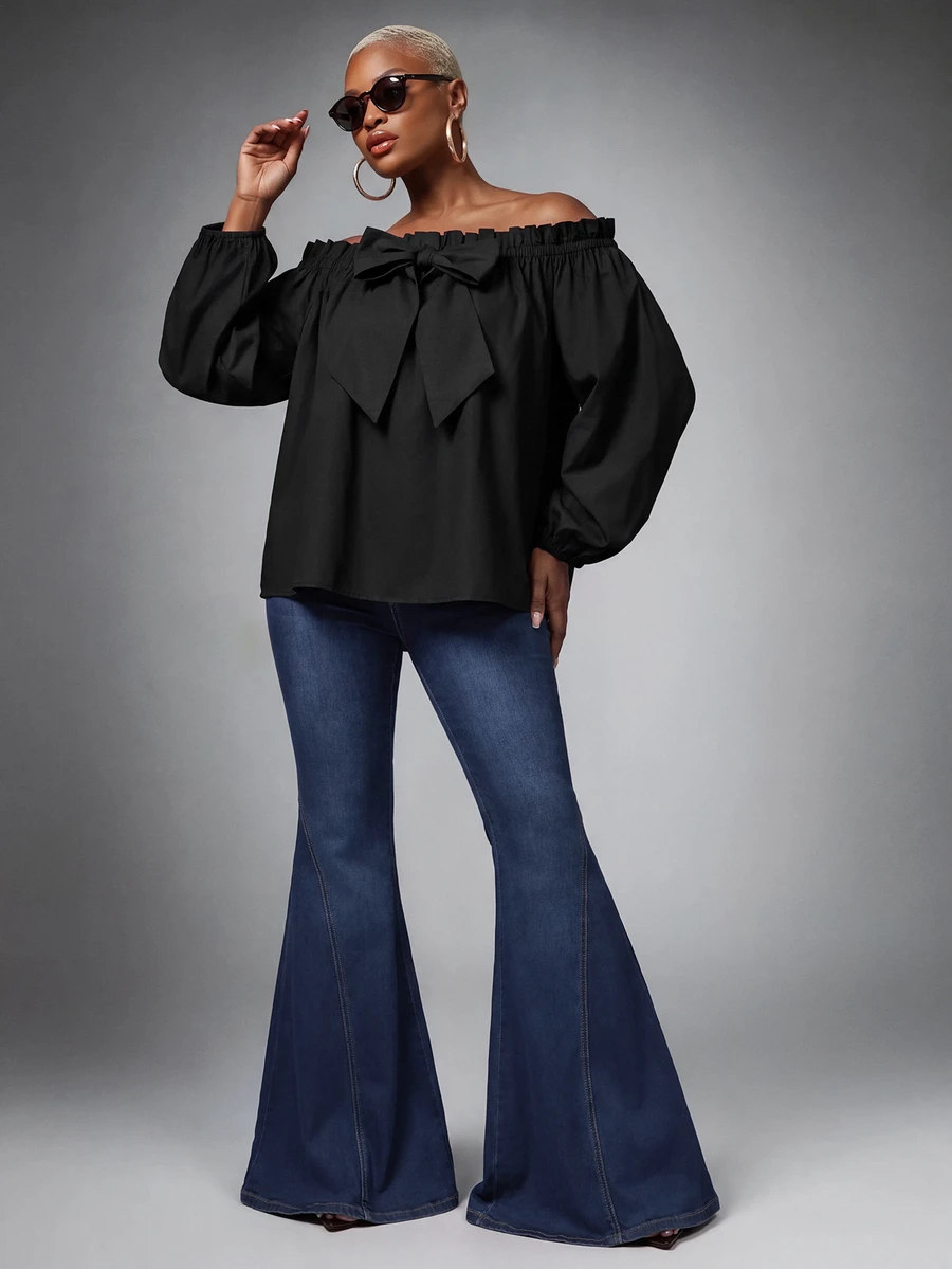SHEIN Lunessa Off-Shoulder Front Bowknot Strap Fashion Top - Black - View 1