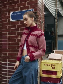 Nöista Striped Knit Cardigan With Polo Collar. Fall Winter, Cozy, Casual, Everyday, Layering. - Dusty Pink - View 1