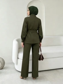Celisse 女款秋季新款時尚優雅兩件套，時尚夾克搭配寬腿褲套裝 - 軍綠色 - 查看 2