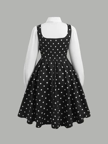 SHEIN 青少年女孩 2合1 黑色長袖襯衫領連身裙附領結，學院風制服返校穿搭 - 黑色 - 查看 2