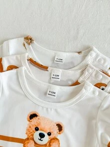 SHEIN 3件組幼兒小熊條紋印花套頭上衣，長袖圓領T恤套裝，肩部按扣設計，嬰兒秋冬套裝 3M-3T - 彩色 - 查看 5