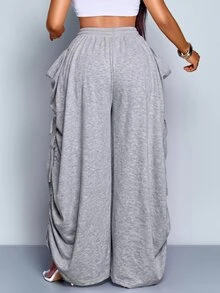 SOLERSUN Celana Panjang Wanita Abu-abu Muda dengan Tali Serut, Potongan Lebar, Kantong Samping Longgar, Pinggang Elastis, Potongan Santai, Kasual, Streetwear, Cocok untuk Kerja, Sehari-hari, dan Musim Gugur. - Grey - View 3
