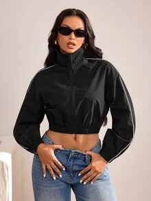 Slayform Jaket Olahraga Musim Gugur Wanita dengan Manset Elastis dan Trim Kontras Putih, Cocok untuk Olahraga Luar Ruangan dan Pemakaian Sehari-hari - Hitam - View 1