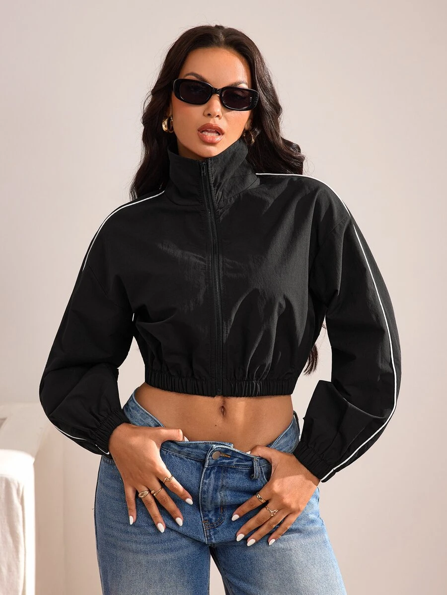 Slayform Jaket Olahraga Musim Gugur Wanita dengan Manset Elastis dan Trim Kontras Putih, Cocok untuk Olahraga Luar Ruangan dan Pemakaian Sehari-hari - Hitam - View 1