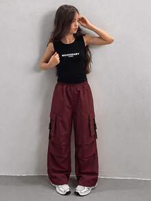 SHEIN Sparklyn 青少年女孩時尚百搭寬腿工裝褲 - 酒紅色 - 查看 3