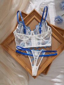 Myrelith 2pcs Colorful Embroidered Contrast Mesh Underwire Bra And Panty Set - Multicolor - View 2