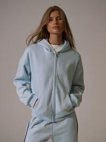 Musera Sport Zip Through Contrast Piped Detail Loose Oversized Fit Hooded Coord Sweatshirt Winter Fall Autumn Active Pilates Gym Workout Motion - Baby Blue - View 1