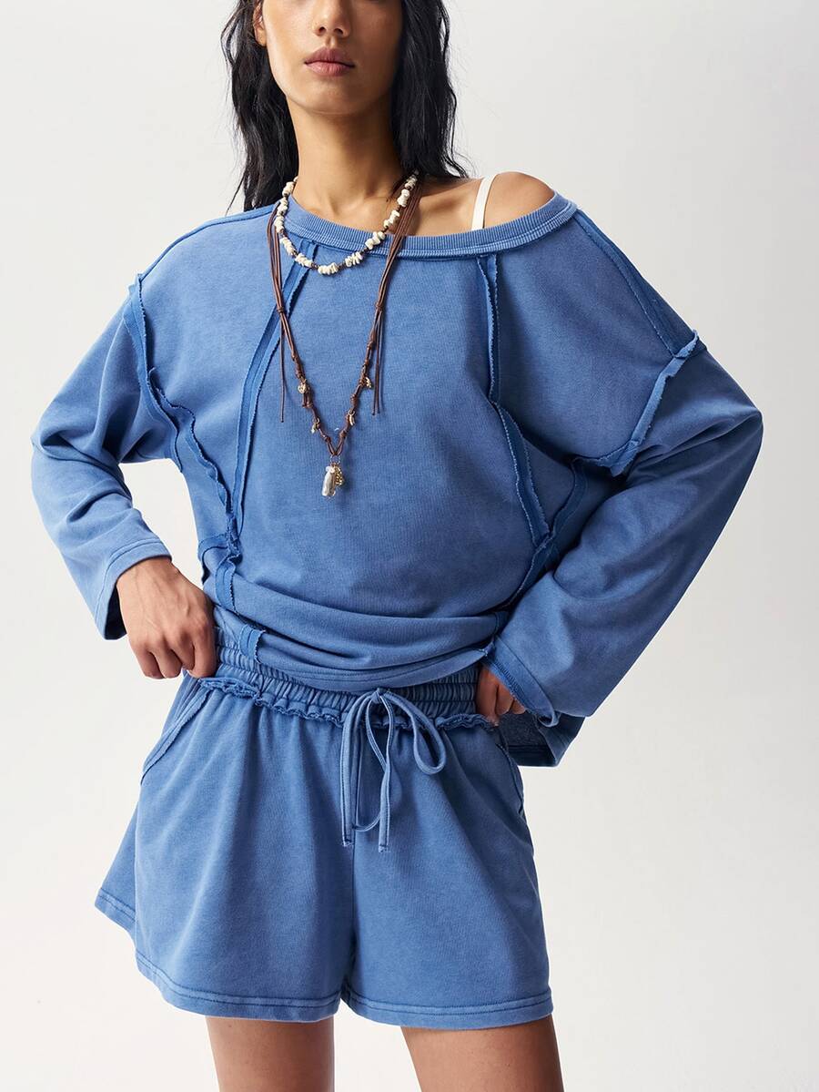 Bohemela Women's Solid Color Crew Neck Drop Shoulder Long Sleeve T-Shirt And Shorts Casual 2 Pieces Set - Blue - View 1
