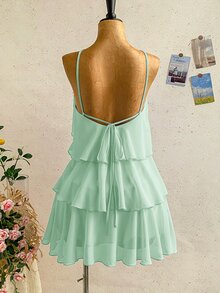 Soleia 新款優雅浪漫婚禮賓客純色露背多層荷葉邊雪紡迷你洋裝，適合度假、派對、約會、情人節、復活節、嘉年華、下午茶、海灘、郵輪、城市街頭 - 薄荷綠 - 查看 2