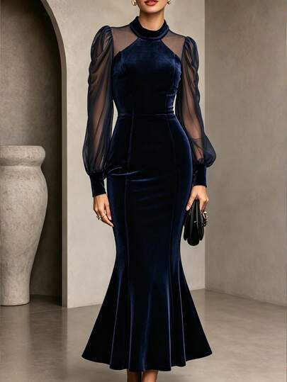 Balvessa Women's Autumn/Winter Navy Blue Velvet Mermaid Dress, Elegant Small Stand Collar Mesh Long Sleeve Fitted Bodycon Midi Dress, Evening Gown, Suitable For Daily Wear, Layering, Date Party, Banquet Dress
