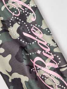 ROMWE Street Life Street Style Camo Colorblock Letter Print Rhinestone Women's Hooded Zip-Up Sweatshirt - Army Green - View 4