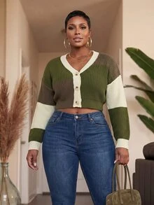 Slaydiva Autumn/Winter New Casual Loose Multi-Color Contrast Crochet Long Sleeve Short Cardigan For Women Plus Size, Suitable For Daily Wear, Outing, Dining, Dating, School, College, Home -G - Multicolor - View 4