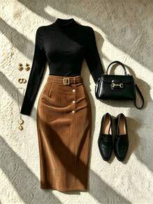 Balvessa Women's Solid Color High Neck Long Sleeve T-Shirt And Pencil Skirt Elegant 2 Pieces Set - Multicolor - View 5