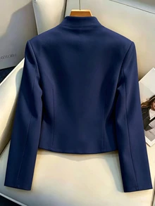 SHEIN Franclia 女款法式立領雙排扣金鈕短版西裝外套，高級通勤修身小個子外套上衣 - 藏蓝色 - 查看 2