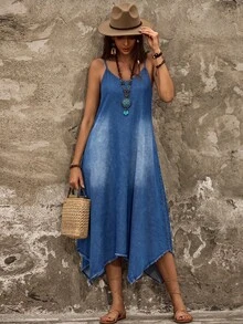 EMERY ROSE Gaun Denim Wanita Kasual dengan Hem Asimetris, Saku, dan Tali Bahu untuk Liburan - Royal Blue - View 6