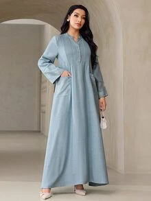 Veilorie فستان عربي للنساء بياقة V محززة وأكمام طويلة وتصميم جيب مطوي - أخضر - مشاهدة 7