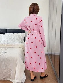 Napfluff 女款翻領長袖愛心條紋印花繫帶晨袍 - 粉色 - 查看 2