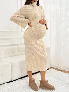 Loomaby Maternity Autumn/Winter Casual Solid Color High Neck Slim Fit Knit Dress - Apricot - View 2