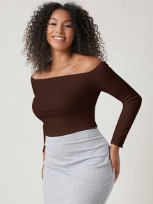 SHEIN BASICS 大尺碼純色露肩短版T恤 女款夏季上衣 夏日穿搭 - 棕色 - 查看 6
