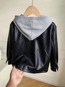 SHEIN 兒童小男孩休閒日常百搭舒適藍色開襟長袖連帽梭織外套，適合學校、花園、海灘、生日，春夏秋冬四季皆宜 - 彩色 - 查看 3
