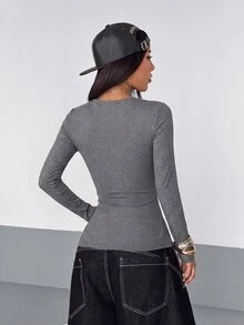 StreetHx Streetwear Women's Letter Print Rhinestone Long Sleeve T-Shirt, Autumn - Dark Grey - View 2