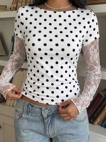 SHEIN EZwear Knitted Lace Patchwork 2-In-1 Women's Long Sleeve Top, Sheer Top - Multicolor - View 5