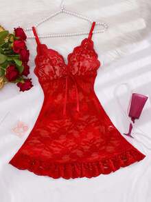 SHEIN 1件女款性感蕾絲拼接網紗睡裙 - 紅色 - 查看 6