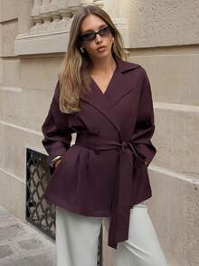 Firerie Women's Solid Color Waist Tie Casual Versatile Daily Long Sleeve Jacket - Red Violet - View 3