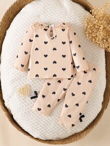 SHEIN Girls' Spring/Autumn Long Sleeve Ribbed High Elastic Set, Sweet Large Ruffle Collar With Delicate Bow, Black Heart Print, Stylish And Durable, Princess Style For Toddlers - Khaki - View 2