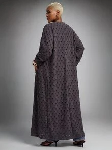 SHEIN Lunessa Women's Frayed Textured Long Cardigan, Casual Lazy Vibe Outerwear Robe - Grey - View 2